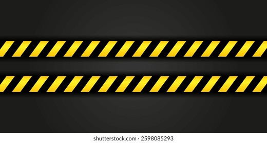 Police line, warning tape on dark background. Warning tape with yellow and black diagonal lines. Warning line stops without connection. Warning tape border is yellow and black.