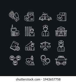 Police linear chalk set. Law enforcement. Transport, protection equipment. Thin line contour symbols. Isolated vector outline illustrations.