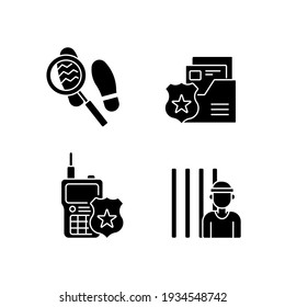 Police linear glyph set. Law enforcement. Transport, protection equipment. Thin line contour symbols. Isolated vector outline illustrations.