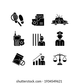 Police linear glyph set. Law enforcement. Transport, protection equipment. Thin line contour symbols. Isolated vector outline illustrations.