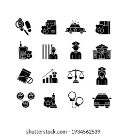 Police linear glyph set. Law enforcement. Transport, protection equipment. Thin line contour symbols. Isolated vector outline illustrations.