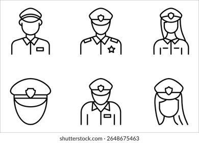 Conjunto de ícones lineares de polícia. Oficial de polícia. ilustração vetorial sobre fundo branco