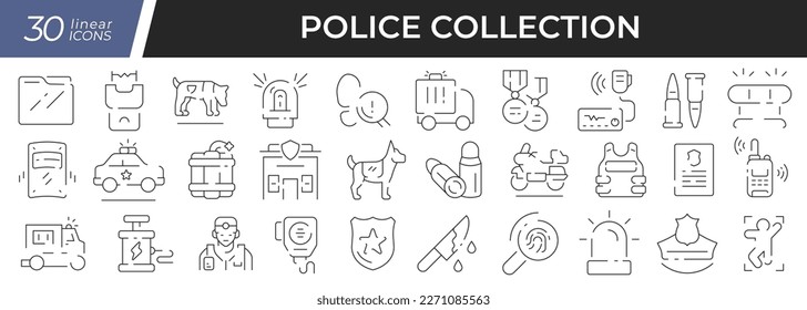 Lineare Symbole der Polizei gesetzt. Sammlung von 30 Symbolen auf Schwarz