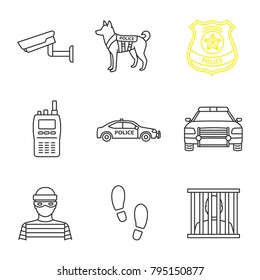 Police linear icons set. Surveillance camera, military dog, police badge, walkie talkie, car, robber, footprints, prisoner. Thin line contour symbols. Isolated vector outline illustrations