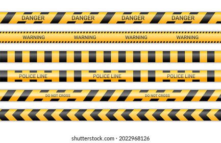 Police lines and don't cross ribbons. Caution and danger tapes in yellow and black color. Warning signs collection isolated on white background. Vector illustration