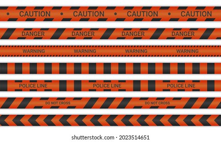 Police lines and don't cross ribbons. Caution and danger tapes in red and black color. Warning signs collection isolated on white background. Vector illustration