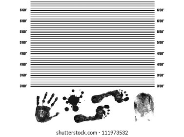 Police Lineup Background with fingerprint, handprint,footprint and splatter, vector illustration