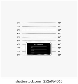 Police lineup background with height chart in flat vector illustration symbolizing criminal identification and law enforcement, isolated on white background.