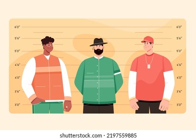 Police Lineup Of Criminals And Caught Suspects With Different Height Vector Illustration. Cartoon Male Characters Standing In Line Near Ruler On Wall Of Police Station For Identification And Arrest