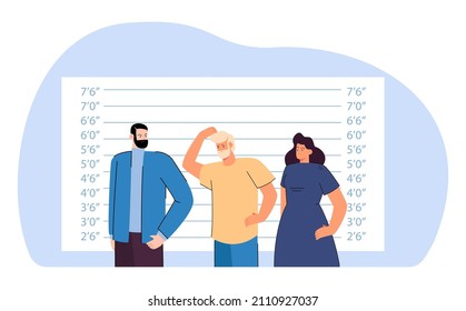 Police lineup of criminals or suspects with different height. Identification of male and female bandits for witnesses behind mirror flat vector illustration. Arrest of wanted gangsters concept