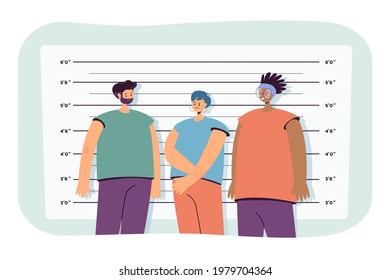 Police lineup flat vector illustration. Suspected criminals standing in mugshot background at police station. Criminal identification, mafia, police, photo concept