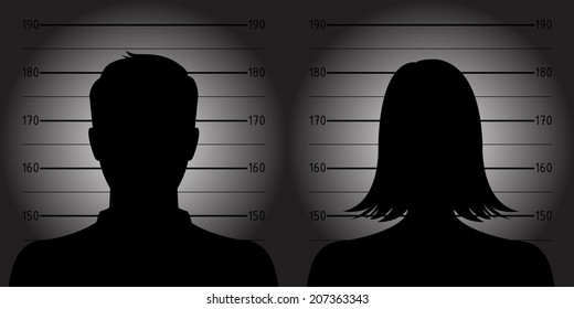Police lineup or mugshot of anonymous male & female silhouettes