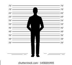 Police lineup. Mugshot background with silhouette of  anonymous man. Black silhouette on white background. Isolation. Vector illustration