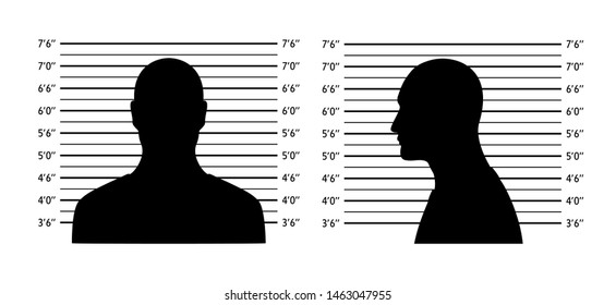 Police lineup. Mugshot background with silhouette men. Black silhouette on white background. Front and profile of  man Isolation. Vector illustration