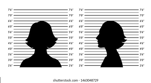 Police lineup. Mugshot background with silhouette women. Black silhouette on white background. Front and profile of  woman. Isolation. Vector illustration