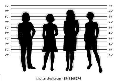 Police lineup. Mugshot background with silhouette of different women.  Black silhouette of four women on white background. Isolation. Vector illustration