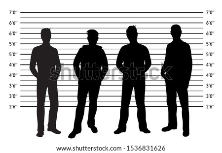 Police lineup. Mugshot background with silhouette of different men. Black silhouette of four men on white background. Isolation. Vector illustration