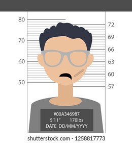 Police lineup photo of bandit. Identity parade. Mugshot. Crime victim. Portrait of prisoner. Isolated illustration