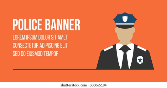 Police logo and banner with officer. Elements of the police equipment icons. Protect and Serve label. Vector Illustration.
