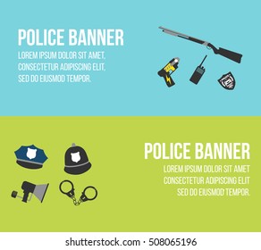 Police logos and banners. Elements of the police equipment icons. Protect and Serve label. Vector Illustration.
