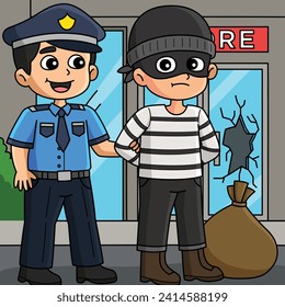 Police Man Arresting a Thief Colored Cartoon 