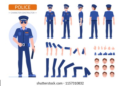 Police man character  for animation. Front, side and back view.  Flat style vector illustration isolated on white background. 