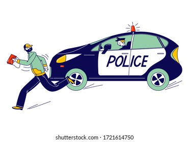 Police Man Character Pursuit Pickpocket Thief With Stolen Bag By Car. Gangster Steal Money. Officer At Work Catching Robber During Duty Patrol In City, Law And Order. Linear People Vector Illustration