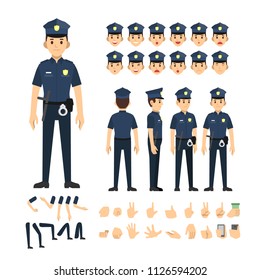 police man character set. Full length. Different view, emotion, gesture.
