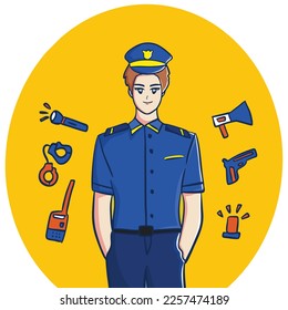 Police man character with tools for work profession handdrawn illustration