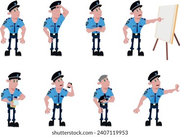 Police man in eight different positions. Unarmed. Friendly situation. Public security service. Australian police