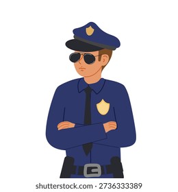 Police man in full gear and dark protective glasses stands with arms crossed on chest, strict law enforcer. Vector illustration.
