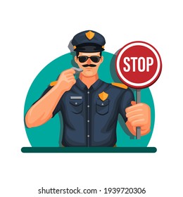 Police man gesture and holding stop sign avatar character mascot concept in cartoon illustration vector