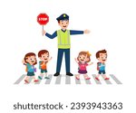 police man help little kid to cross the road