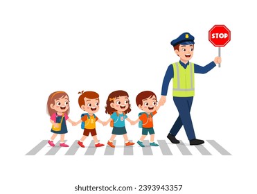 police man help little kid to cross the road