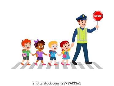 police man help little kid to cross the road