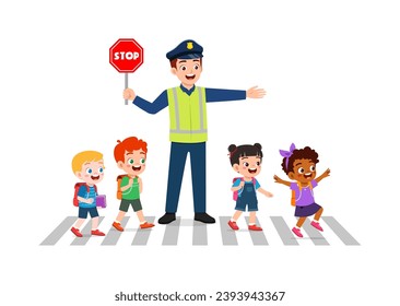 police man help little kid to cross the road