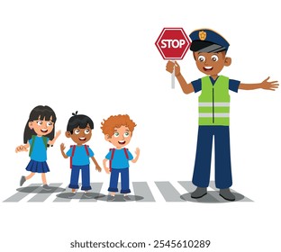 police man help little kid to cross the road, vector illustration on white background.