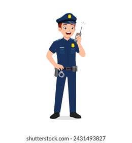 police man holding radio phone and talk