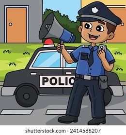 Police Man with a Megaphone Colored Cartoon 