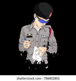 Police man officer in the service, gray uniforms, wearing the dark blue sunglass, hand-drawn sketch with cartoon art.