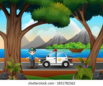 A police man officers with police car on the road
