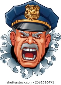 A police man or policeman officer cop angry mascot cartoon man face or head breaking through the background.