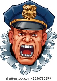 Um policial ou policial policial policial com cara ou cabeça de mascote raivoso quebrando o fundo.