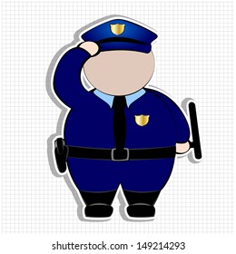 police man in a position of greeting, no expression on his face, blue uniform, white background.