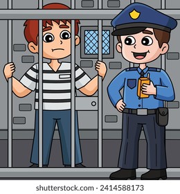 Police Man and Prisoner Colored Cartoon 