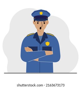 Police man. Profession policeman, security guard, patrolman in uniform.