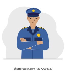 Police man. Profession policeman, security guard, patrolman in uniform. Vector flat illustration