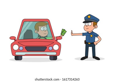 Police man rejecting bribe from the driver, retro cartoon style