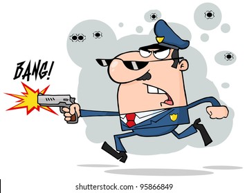 Police Man Running With A Gun And Shooting.Vector Illustration