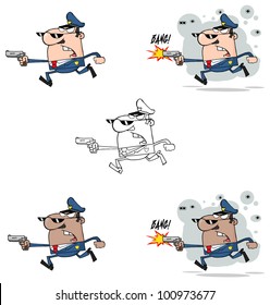 Police Man Running With A Gun. Vector Collection